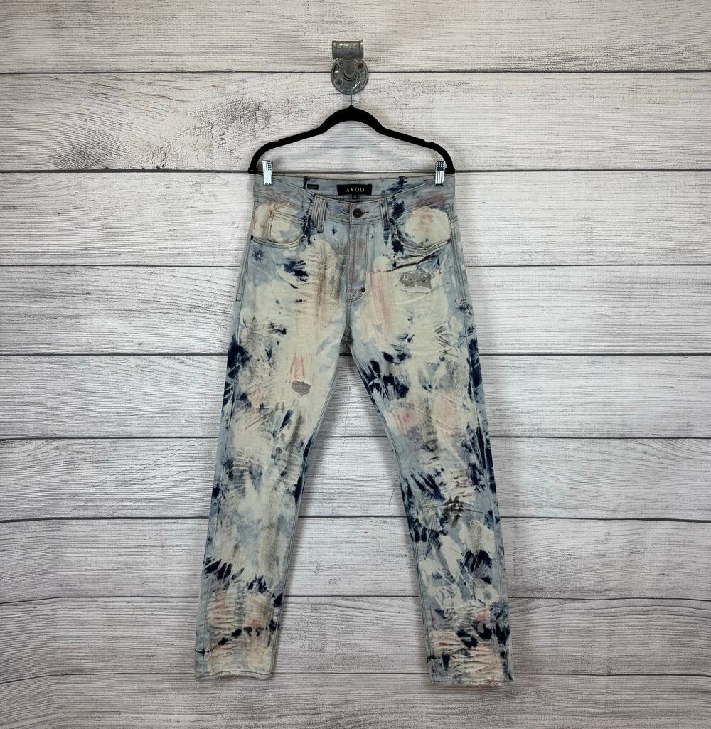Akoo Men's No Rivals Distressed Paint Printed Big Oak Fit Jeans Size 32